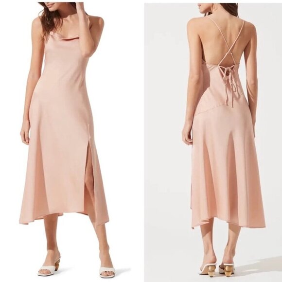 Astr Dresses & Skirts - ASTR The Label Blush Satin Slip Dress with Criss Cross Back and Slit Size Medium